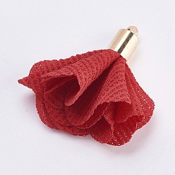 Red Cloth Pendant Decorations, with Brass Findings, Flower, Golden, Red, 32~34x21~27mm, Hole: 1mm