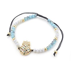 Light Sky Blue Glass Braided Bead Bracelets, with Brass and Cubic Zirconia, Pineapple, Light Sky Blue, 2 inch~3-3/8 inch(5~8.5cm)
