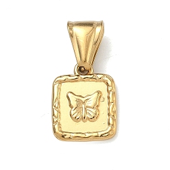 Real 20K Gold Plated Текстурированные 304 подвески из нержавеющей стали, квадрат с подвеской-бабочкой, ионное покрытие (ip), долговечный, реальный 20 k позолоченный, 15.5x12x2 мм, отверстие : 4x9 мм