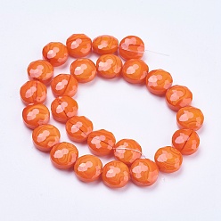 Dark Orange Electroplate Glass Beads Strands, Faceted, Flat Round, Dark Orange, 14x7.5mm, Hole: 1mm, about 25pcs/strand, 13.7 inch