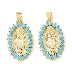 Real 18K Gold Plated Brass Micro Pave Sky Blue Cubic Zirconia Pendants, Oval with Virgin Mary Charms, Rack Plating, Long-Lasting Plated, Cadmium Free & Lead Free, Real 18K Gold Plated, 26x15.5x3mm, Hole: 4x3mm