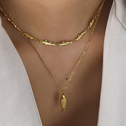 Golden Summer Beach 304 Stainless Steel Fish Pendant Double Layer Necklaces for Women, Golden, 13.98~15.75 inch(35.5~40cm)