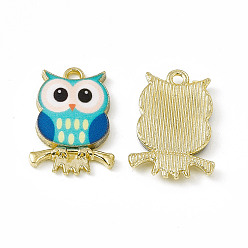 Темно-бирюзовый Подвески из окрашенного сплава, очарование совы, без кадмия, без никеля и без свинца, золотые, темные бирюзовый, 21.5x15x2.3 мм, отверстие : 2 мм