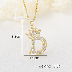 Letter D Хип-хоп латунные микропаве кубические цирконии корона инициал подвеска ожерелья, 304 ожерелья из нержавеющей стали с цепочкой для женщин, золотые, Буква D, 15.75 дюйм (40 см)