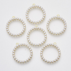 Golden ABS Plastic Imitation Pearl Pendants, with Alloy Cabochon Settings, Round Ring, Golden, 31.5x28.5x4.5mm, Hole: 1.8mm