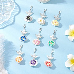 (52) Непрозрачная лаванда Кулон из полимерной глины ручной работы украшения, с застежками-карабинами из цинкового сплава и ракушкой, Ангел с цветком, платина, разноцветные, 53 мм