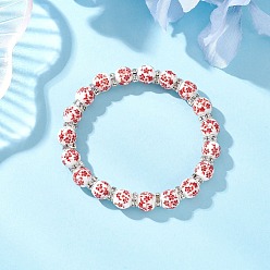 Красный Эластичные браслеты из фарфоровых керамических бусин с цветочным принтом для женщин, круглые, с латунными бусины со стразами , красные, внутренний диаметр: 2~2-1/8 дюйм (5.1~5.5 см)