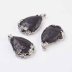 Лавовый камень Идея подарков на день Святого Валентина для парней Подвески из натурального вулканического камня, с латунной фурнитурой , капля, платина, 38~41x26x8 мм, отверстие : 5x4 мм