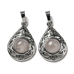 Розовый Кварц Природного розового кварца подвески, покрытие стойки латунные полые слезы подвески, без кадмия и без свинца, платина, 29.5x19.5x7.5 мм, отверстие : 7.5x5 мм