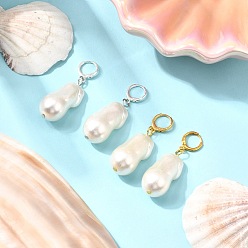 Platinum & Golden 2 Pairs Brass Plastic Pearl Hoop Earrings, Oval, Platinum & Golden, 48.5x15.5mm