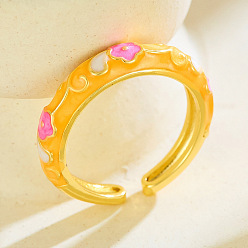 Gold Brass Enamel Cuff Open Rings, Flower, Golden, Gold, 15~20mm