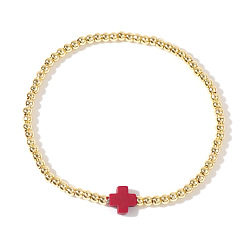 Темно-Красный Латунные круглые бусины эластичные браслеты, Украшения для женщин: крестик из смолы., реальный 18 k позолоченный, темно-красный, 6.89 дюйм (17.5 см)