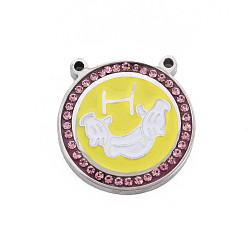 Light Rose 304 Stainless Steel Pendants, with Rhinestone and Enamel, Flat Round with Hand, Light Rose, 20x19.5x3mm, Hole: 1.4mm