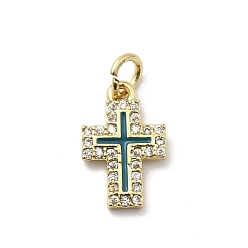 Зеленый Латунные микро проложить кубического циркония подвески, крест прелести, с эмалью и кольцом для прыжков, без кадмия и без свинца, стойки покрытие, долговечный, реальный 18 k позолоченный, зелёные, 13.5x9x2 мм, отверстие : 3.4 мм