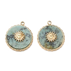 African Turquoise(Jasper) Natural African Turquoise(Jasper) Pendants, 304 Stainless Steel Flat Round with Sun Bezeled Charms, Ion Plating(IP), Real 14K Gold Plated, 18x16x3mm, Hole: 1.5mm