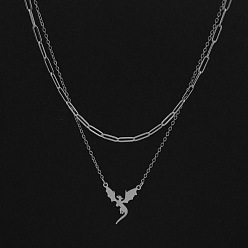 Нержавеющая Сталь Цвет 304 Двухслойные ожерелья с подвеской в виде дракона из нержавеющей стали для женщин и мужчин, не тускнеет, цвет нержавеющей стали, 15.75 дюйм (40 см) и 17.72 дюйм (45 см), 2 шт / комплект