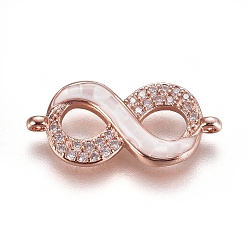 Rose Gold Brass Micro Pave Cubic Zirconia Links, with Shell, Infinity, Rose Gold, 10.5x23x3mm, Hole: 1.2mm