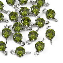 Green SHEGRACE Brass Pave Cubic Zirconia Flat Round Connector Charms, Cadmium Free & Nickel Free & Lead Free, Long-Lasting Plated, Real Platinum Plated, Green, 11x5x4mm, Hole: 1mm and 1.2mm