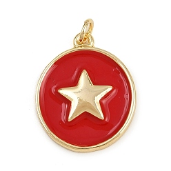 Красный Латунь эмаль подвески, с целью перехода в кольце, золотые, плоский круглый с шармом в виде звезды, долговечный, без кадмия и без свинца, стойки покрытие, красные, 22x18x2.5 мм, отверстие : 3 мм