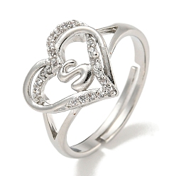 Letter S Регулируемые кольца из латуни с микро-паве в форме сердца и стойки для писем для женщин с прозрачным фианитом, без свинца и без кадмия, платина, Письмо с, внутренний диаметр: 16 мм