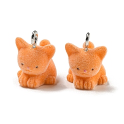 Cat Shape Флокированные акриловые подвески, с железной фурнитурой, темно-оранжевый, платина, форма кошки, 19x14x16 мм, отверстие : 2.5 мм