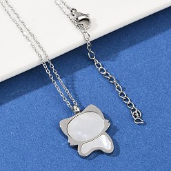 Нержавеющая Сталь Цвет 304 ожерелья с подвеской в форме милой кошки из нержавеющей стали с натуральным белым ракушечным камнем для женщин, цвет нержавеющей стали, 17.40 дюйм (44.2 см)