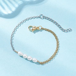 Позолоченный и Цвет Нержавейки Браслеты из натурального культивированного пресноводного жемчуга, 304 браслеты из нержавеющей стали с цепочками для женщин, настоящее золото и нержавеющая сталь, 6-5/8 дюйм (16.8 см)