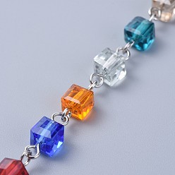 Платина Ручной цепи стекло бисером, несварные, с железными ушками, кубические, платина, 39.37 дюйм (100 см), ссылка: 13x6x6 mm, 1 м / прядь