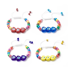 Mixed Color Lampwork Heart with Evil Eye Braided Bead Bracelet, Adjustable Bracelet for Women, Mixed Color, Inner Diameter: 1-7/8~3-5/8  inch(4.7~9.2cm)