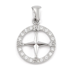 Нержавеющая Сталь Цвет 304 микро нержавеющей стали прокладывать Цирконом подвески, плоский круглый с подвеской в виде компаса, цвет нержавеющей стали, 22x18x2.5 мм, отверстие : 3x6 мм