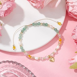 Желтый Агат Натуральные круглые желтые бусины агата плетеные браслеты из бусин для женщин, с натуральным культивированным пресноводным жемчугом и гальванизированными стеклянными бусинами и 304 подвесками в виде сердечек из нержавеющей стали, внутренний диаметр: 2~3-3/8 дюйм (5~8.5 см)