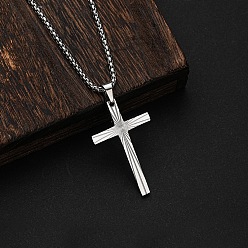 Stainless Steel Color 304 Stainless Steel Textured Religion Cross Pendant Necklaces for Men, Stainless Steel Color, 23.62 inch(60cm)