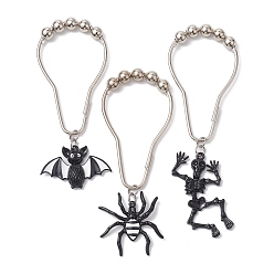 Platinum 3Pcs 3 Styles Iron Shower Curtain Rings for Bathroom, with Halloween Theme Alloy Enamel Pendants, Bat/Spider/Skeleton, Platinum, 105~129mm, 1pc/style