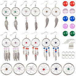 Mixed Color DIY Woven Net/Web & Feather Dangle Earrings Making, with 304 Stainless Steel Pendants, Tibetan Style Alloy Pendants, Glass Beads, Brass Earring Hooks and Bead Container, Mixed Color, 7.4x7.2x1.7cm, about 142pcs/box
