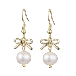 Золотой Серьги с подвесками из сплава с бантом, серьги-капли из натурального культивированного пресноводного жемчуга, золотые, 36x12.5 мм