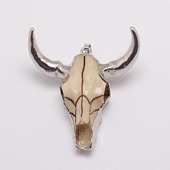 Platinum Resin Big Pendants, with Brass Findings, Cattle Head, BurlyWood, Platinum, 53x48x22mm, Hole: 5x8mm