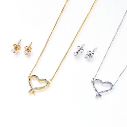 (52) Непрозрачная лаванда Ожерелья и серьги-гвоздики из латуни с кубическим цирконием, с 304 кабельными цепочками из нержавеющей стали, Застежки из когтей омара и гайки, сердце, красочный, разноцветные, 17.51 дюйм (44.5 см), 5 мм, штифты : 0.7 мм