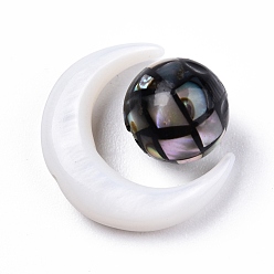 Black Lip Shell Natural Freshwater Shell Beads, with Natural Yellow Shell, Moon with Round, Moon: 15x12.5x3.5mm, Round: 8mm, Hole: 0.8mm, about 2pcs/set