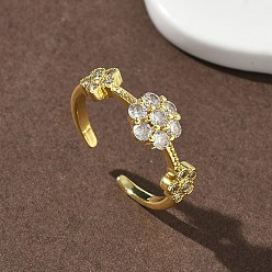 Золотой Открытые кольца манжеты из латуни с микропаве и кубическим цирконием, цветок, без кадмия и без свинца, стойки покрытие, долговечный, золотые, 7.5 мм, внутренний диаметр: 18 мм