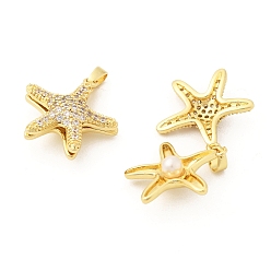 Настоящее золото 18K Подвески из прозрачных кубических цирконий в форме морской звезды из латуни с микропаве, без кадмия и без свинца, с подвесками из пластика имитация жемчуга, реальный 18 k позолоченный, 21.5x21x8 мм, отверстие : 4.5x3 мм
