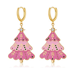 Фламинго Серьги-кольца из латуни с прозрачным кубическим цирконием, с эмалью, рождественская елка, золотые, фламинго, 50x30 мм