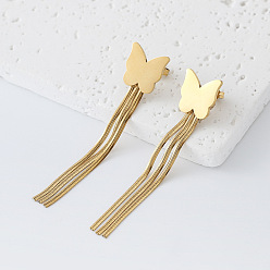 Золотой 304 женские серьги-гвоздики в виде бабочек из нержавеющей стали, кисточкой серьги, золотые, 60x12 мм
