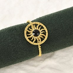 Черный 304 эмалированные манжеты из нержавеющей стали для женщин, кольцо с узором солнце открытые кольца, золотые, чёрные, 12.5 мм, регулируемый