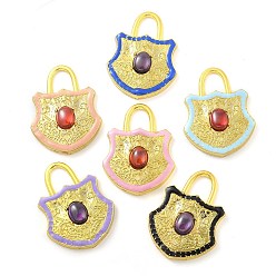 (52) Непрозрачная лаванда Стеклянные подвески из латуни с покрытием стойки, с эмалью, долговечный, без свинца и без кадмия, реальный 18 k позолоченный, запирать, разноцветные, 40x30x5.5 мм, отверстие : 9x8 мм