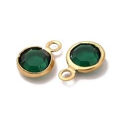 Sea Green Ion Plating(IP) 304 Stainless Steel with Glass Charms, Real 18K Gold Plated, Faceted Flat Round, Sea Green, 9.5x6.5x2mm, Hole: 1.5mm