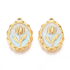Небесно-голубой 304 нержавеющей стальной эмали подвески, реальный 18 k позолоченный, овал с цветочной подвеской, ионное покрытие (ip), голубой, 21.5x15.5x3 мм, отверстие : 1.5 мм