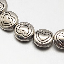 Antique Silver Tibetan Style Flat Round with Heart Alloy Bead Strands, Lead Free & Cadmium Free & Nickel Free, Antique Silver, 6.5x3mm, Hole: 1mm, about 33pcs/strand, 8 inch
