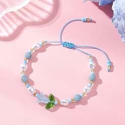 Светло-Голубой Браслеты из натурального желтого нефрита и пластиковой имитации жемчуга, сплетенные в плетение, для женщин., цветок, с оплеткой нейлоновой нити, Небесно-голубой, внутренний диаметр: 2.03~3.41 дюйм (5.15~8.65 см)