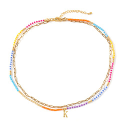 Letter K Красочные подвески с инициалами из бисера, двухслойные ожерелья, 304 ювелирные изделия из нержавеющей стали, золотые, Письмо K, 16.54 дюйм (42 см)