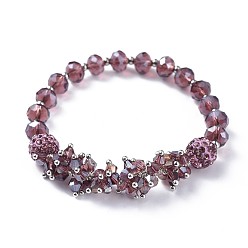 Pourpre Bracelets élastiques en verre facetté, avec perles rondes en pâte polymère avec strass et 304 perles d'espacement en acier inoxydable, pourpre, 1-7/8 pouce (4.8 cm)